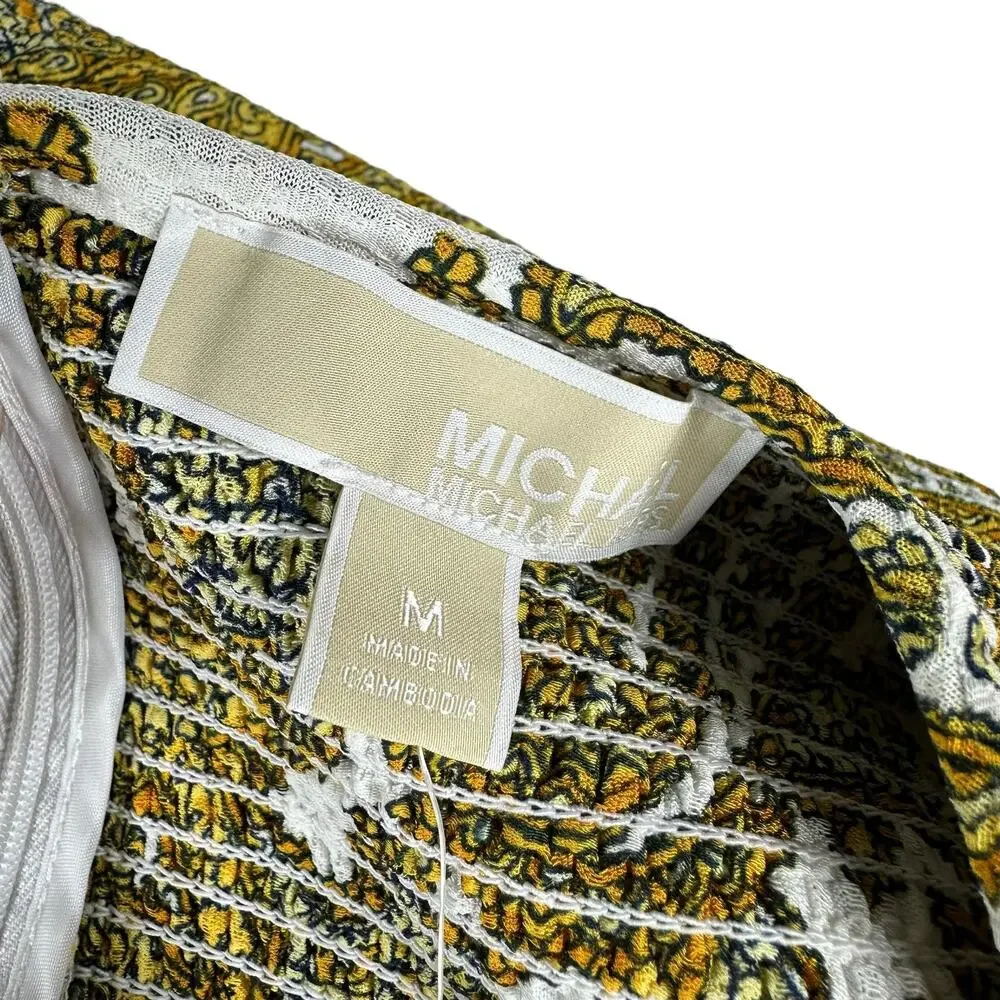 MK MICHAEL‎ KORS Yellow Piasley Patterned Smocked Saffron Midi Dress Women's Med